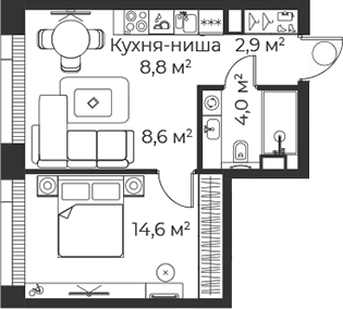 2-комн., 38.9 м², 6/38 этаж, ЖК «Веер»