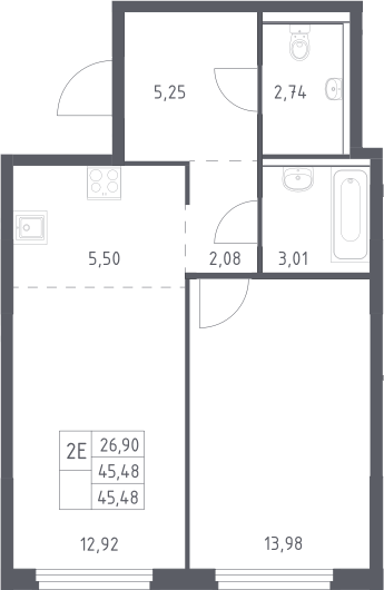 2-комн., 45.48 м², 11/17 этаж, ЖК «Пригород Лесное»