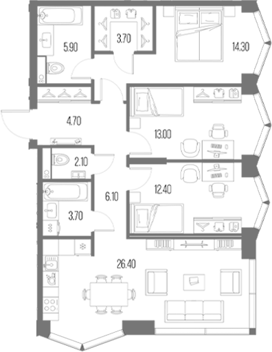 3-комн., 92.3 м², 4/34 этаж, ЖК «Северный Порт»