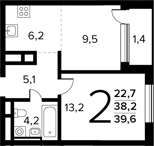2-комн., 38.2 м², 11/14 этаж, ЖК «Новые Ватутинки Квартал у реки»