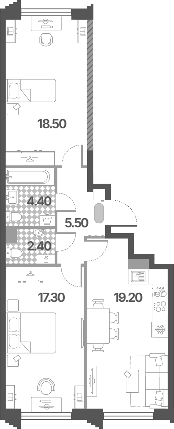3-комн., 67.3 м², 3/9 этаж, ЖК «Обручева 30»