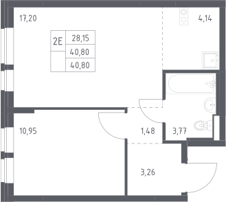 2-комн., 40.8 м², 15/17 этаж, ЖК «Квартал Авиаторов»