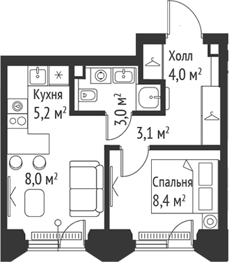 2-комн., 31.7 м², 14/59 этаж, ЖК «СЕТ»