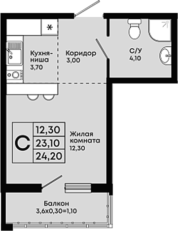 Студия, 23.1 м², 2/9 этаж, ЖК «Премьер»