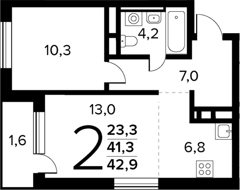 2-комн., 41.3 м², 12/13 этаж, ЖК «Новые Ватутинки Квартал у реки»