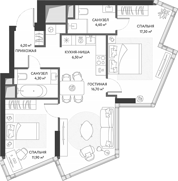 3-комн., 67.3 м², 4/34 этаж, ЖК «ХАЙДАУТ»