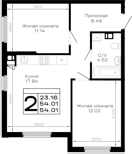 2-комн. квартира, 54.01 м² в ЖК Усадьба Гостагаевская — фото 2