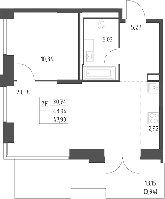 2-комн., 43.96 м², 1/6 этаж, ЖК «Верейская 41»