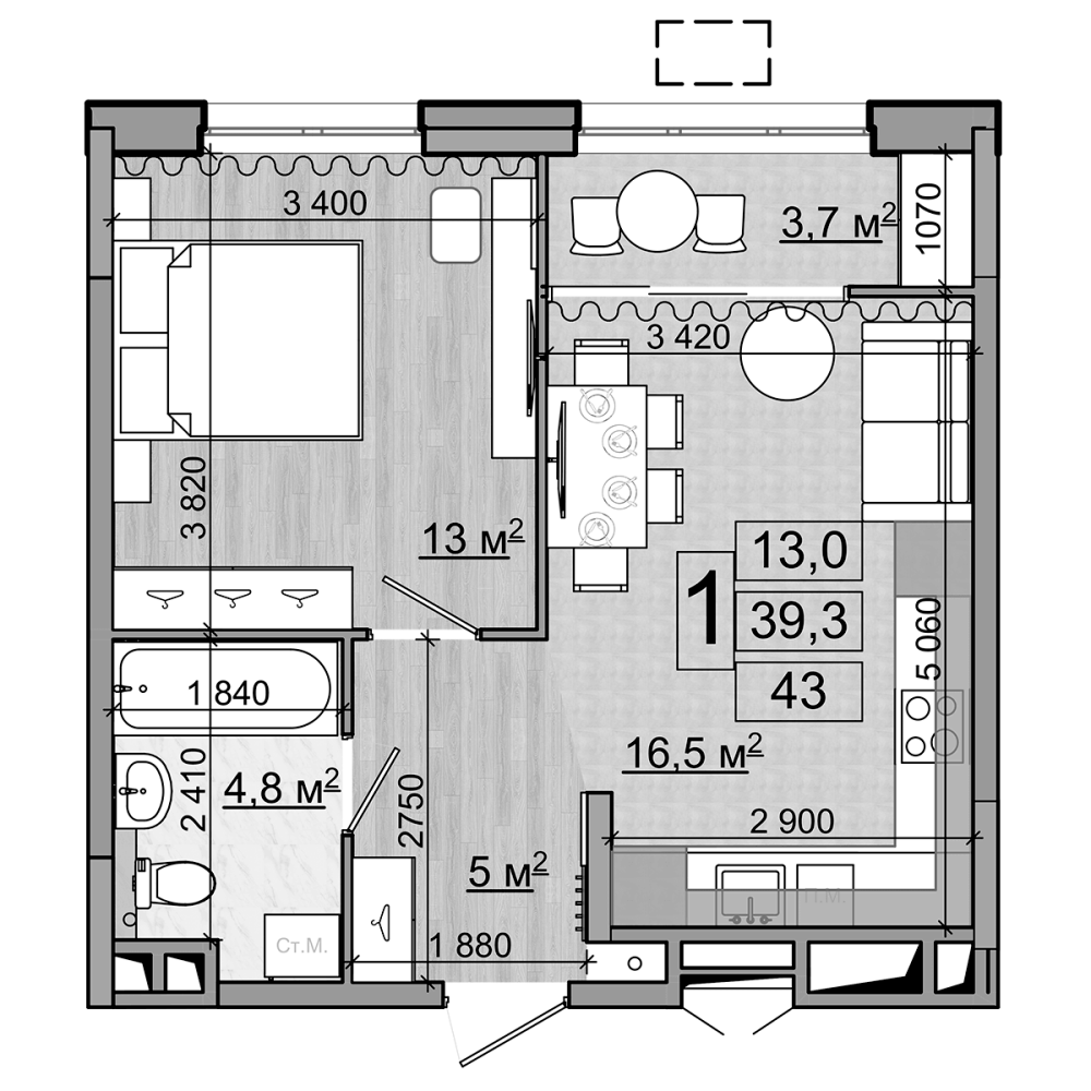 2-комн., 39.3 м², 17/18 этаж, ЖК «Гранд Комфорт»