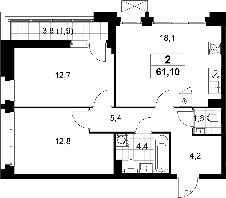 3-комн., 59.2 м², 3/10 этаж, ЖК «Прокшино»