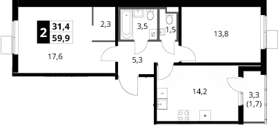 2-комн., 58.2 м², 17/18 этаж, ЖК «1-й Ясеневский»