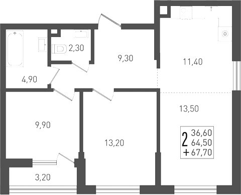 3-комн. квартира, 64.5 м² в ЖК Югге — фото 2