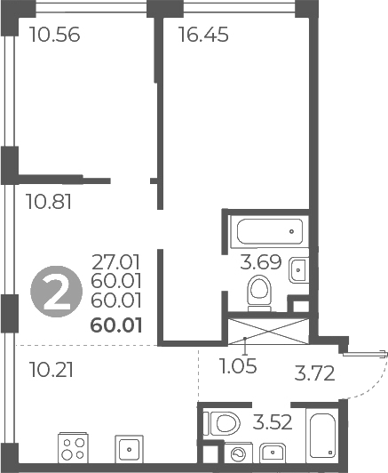 2-комн., 60.01 м², 17/27 этаж, ЖК «Мневники от Гранель»