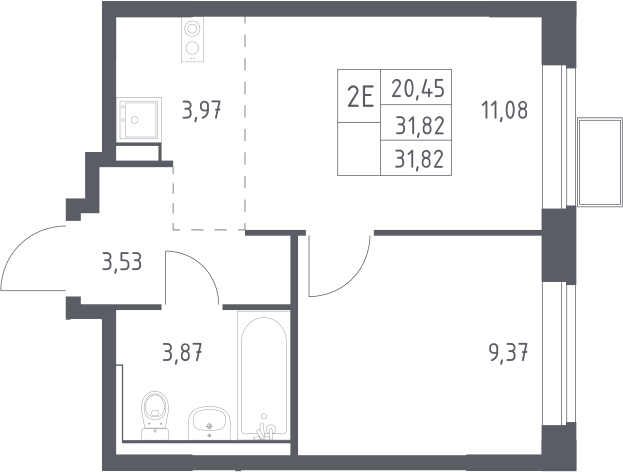 2-комн., 31.82 м², 17/17 этаж, ЖК «Пригород Лесное»