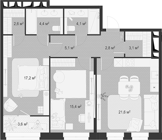 3-комн., 76.3 м², 17/18 этаж, ЖК «Гранд Комфорт»