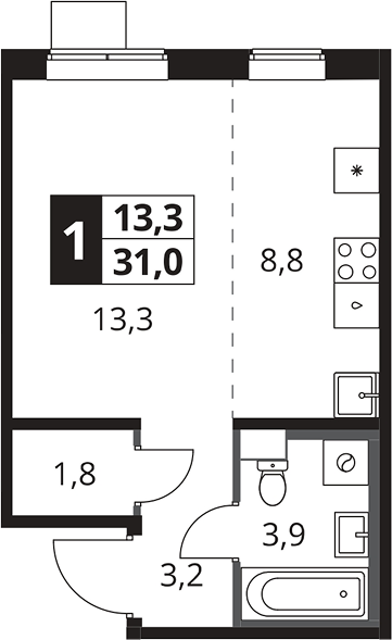 Студия, 31 м², 13/23 этаж, ЖК «1-й Южный»