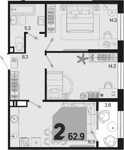 3-комн. квартира, 59.1 м² в ЖК Первое место — фото 2