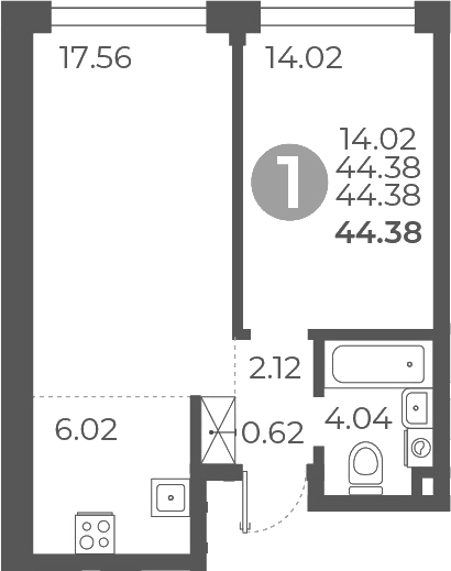 1-комн., 44.38 м², 9/9 этаж, ЖК «Мневники от Гранель»