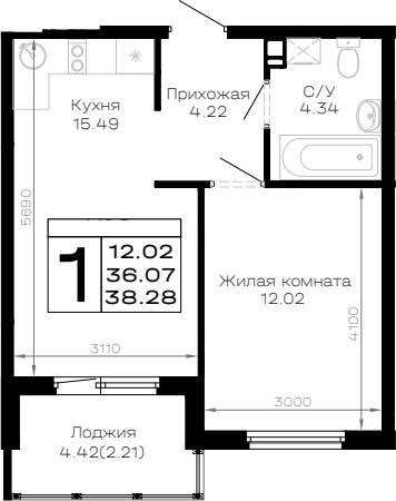 1-комн. квартира, 36.07 м² в ЖК Усадьба Гостагаевская — фото 2
