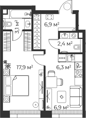 2-комн., 43.5 м², 30/35 этаж, ЖК «Веер»