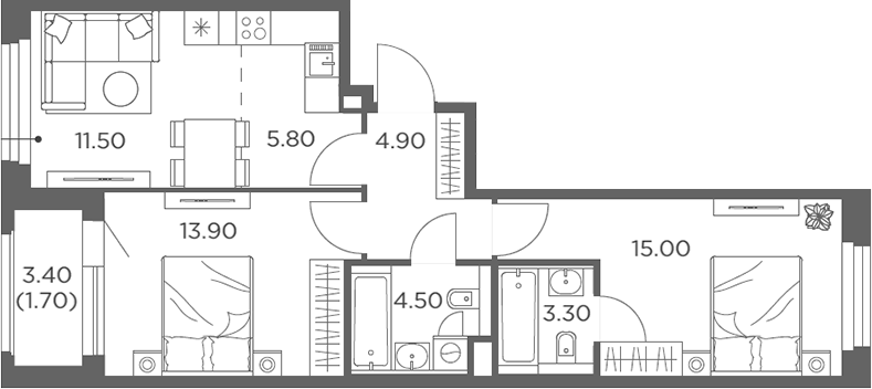 3-комн., 58.9 м², 19/23 этаж, ЖК «Белый Град»
