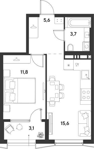 1-комн., 36.7 м², 6/9 этаж, ЖК «Ридз»