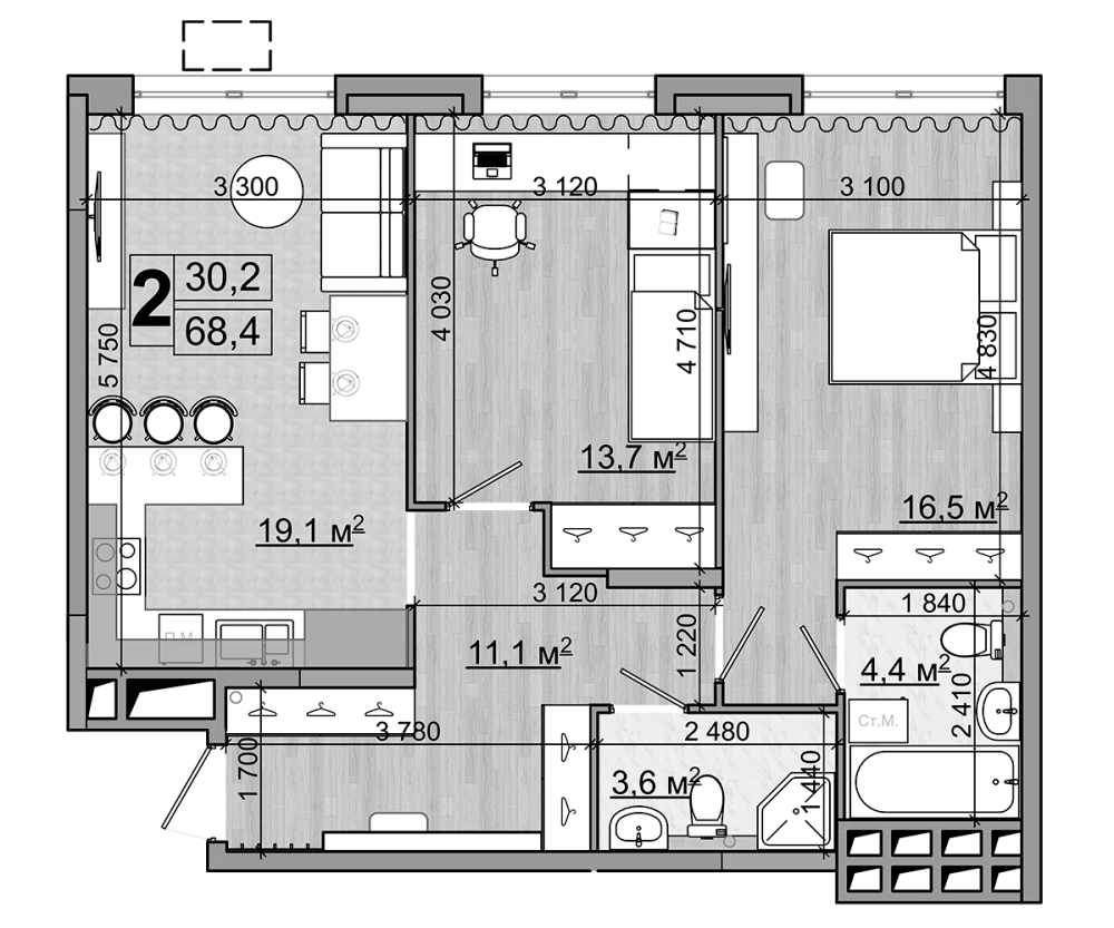 3-комн., 68.4 м², 4/18 этаж, ЖК «Гранд Комфорт»