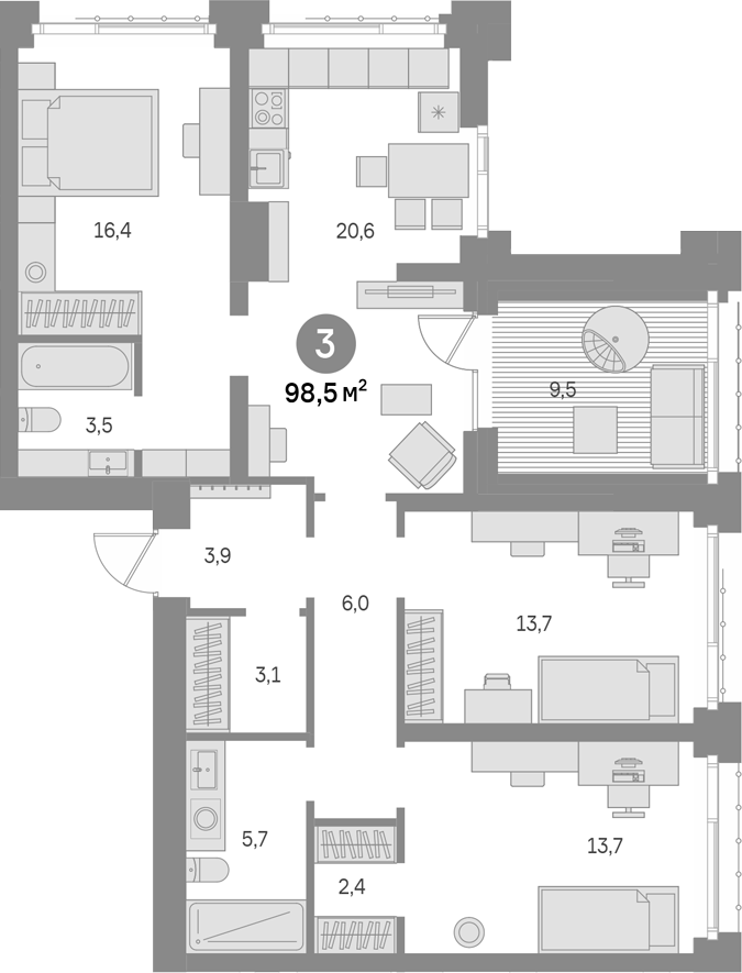 3-комн., 89 м², 14/15 этаж, ЖК «Квартал Издание»
