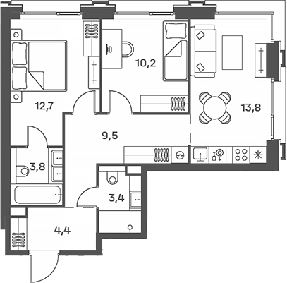 3-комн., 57.8 м², 28/29 этаж, ЖК «Портленд»