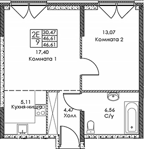 2-комн., 46.61 м², 8/20 этаж, ЖК «ЭВОПАРК Сокольники»