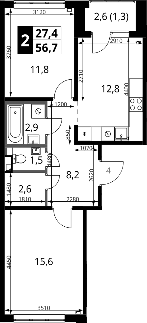 2-комн., 55.4 м², 7/7 этаж, ЖК «1-й Химкинский»