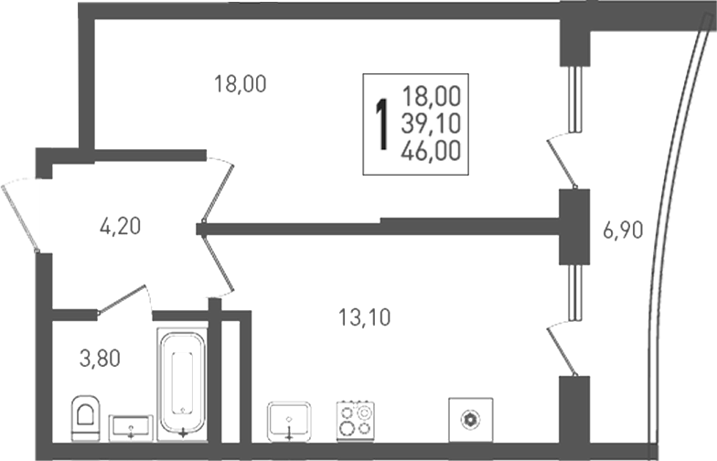 1-комн. квартира, 39.1 м² в ЖК ЖК «Кубанская Крепость» — фото 2