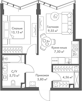 2-комн., 46.29 м², 9/24 этаж, ЖК «МИРА»