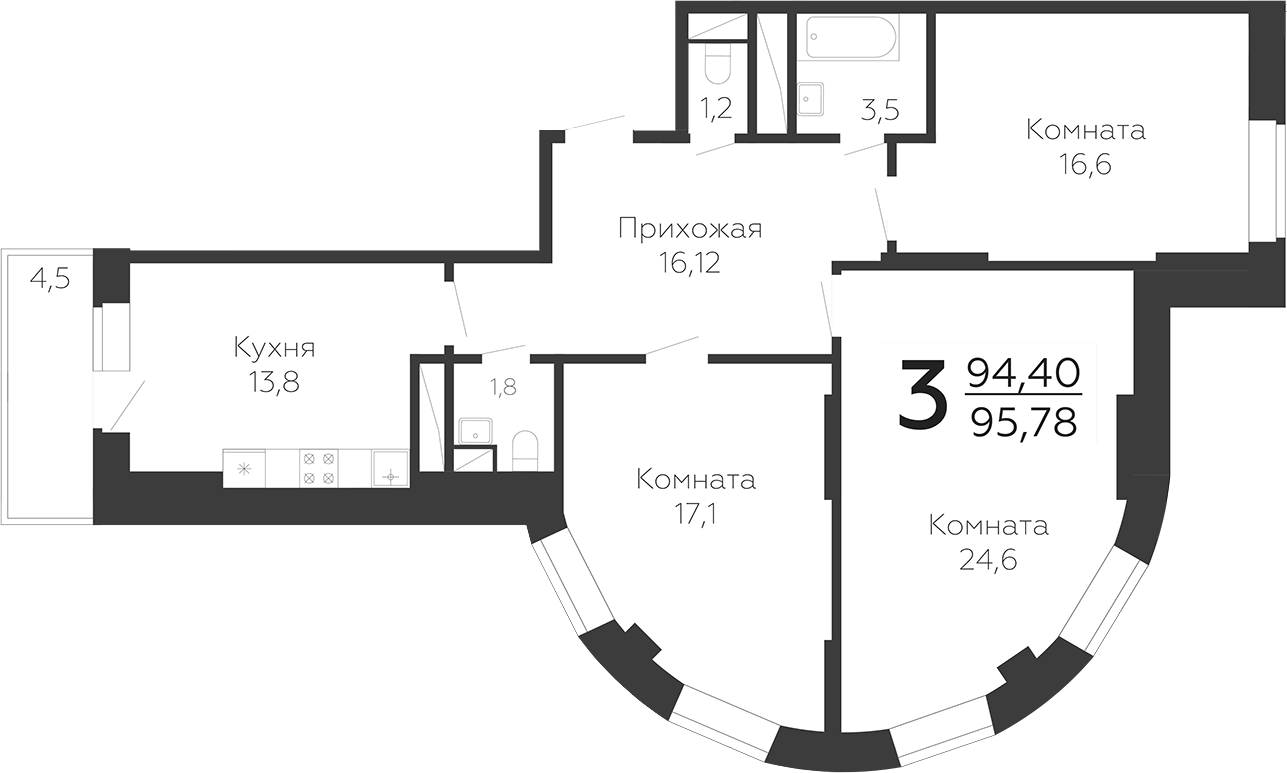3-комн., 94.43 м², 9/20 этаж, ЖК «Онегин. ГК Развитие»