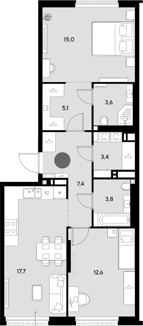3-комн., 68.6 м², 9/9 этаж, ЖК «Грейд»