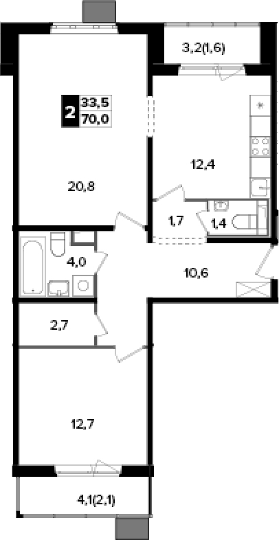 2-комн., 66.3 м², 23/24 этаж, ЖК «Южная Битца»