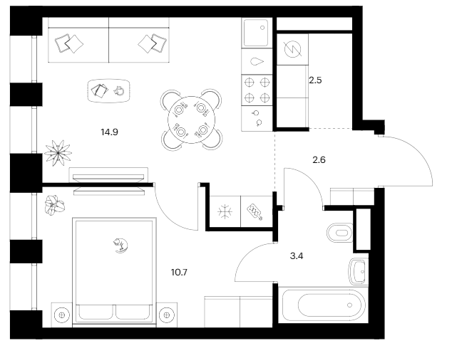 1-комн., 34.1 м², 2/10 этаж, ЖК «Строгино 360»