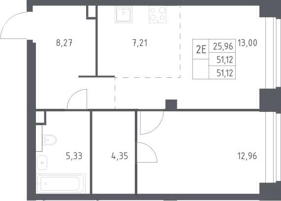 2-комн., 51.12 м², 31/40 этаж, ЖК «НОВА»