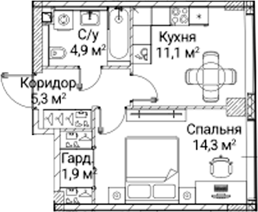 1-комн., 36.92 м², 4/41 этаж, ЖК «СЕЗАР БУДУЩЕЕ»