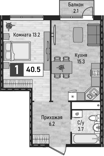 1-комн., 38.4 м², 2/10 этаж, ЖК «Живописный»