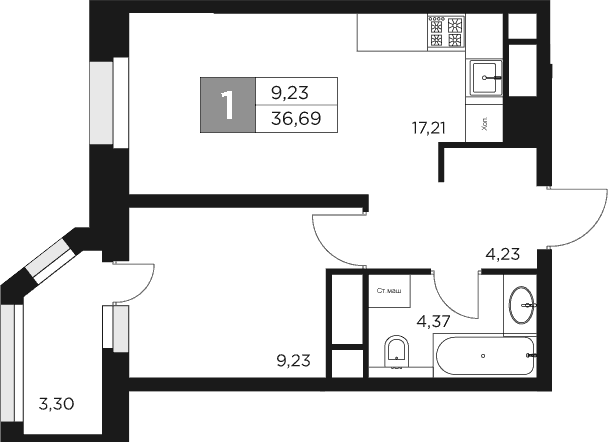 2-комн., 35.04 м², 5/17 этаж, ЖК «Восток 2»