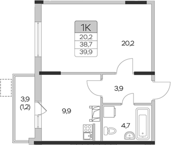 1-комн., 38.7 м², 3/9 этаж, ЖК «Пироговская ривьера. Мытищи»
