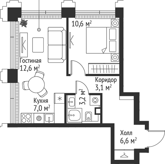 2-комн., 43.1 м², 6/45 этаж, ЖК «СЕТ»