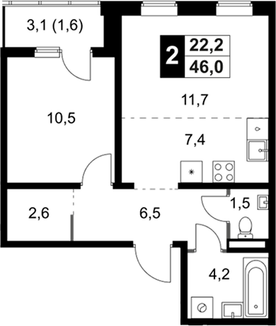 2-комн., 44.4 м², 2/18 этаж, ЖК «1-й Ясеневский»