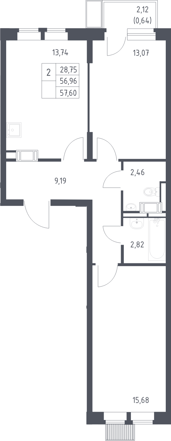 2-комн., 56.96 м², 10/16 этаж, ЖК «Большое Путилково»