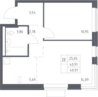 2-комн., 40.91 м², 13/17 этаж, ЖК «Новое Видное»