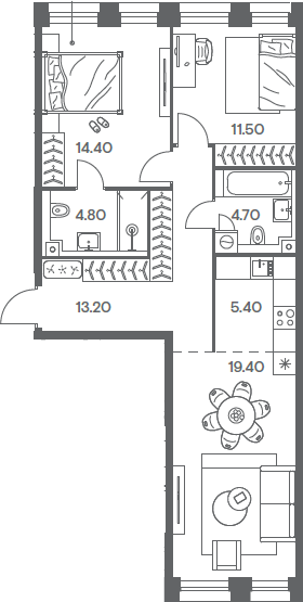 3-комн., 73.4 м², 5/10 этаж, ЖК «Инджой»