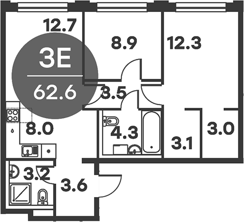 3-комн., 62.6 м², 6/6 этаж, ЖК «Равновесие»