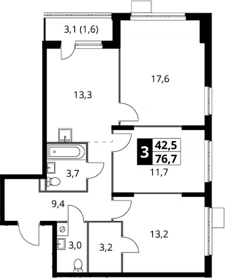 3-комн., 75.1 м², 2/24 этаж, ЖК «1-й Донской»