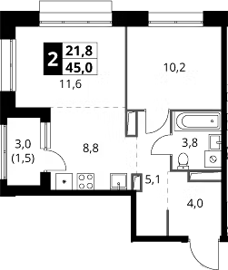 2-комн., 43.5 м², 15/21 этаж, ЖК «1-й Саларьевский»